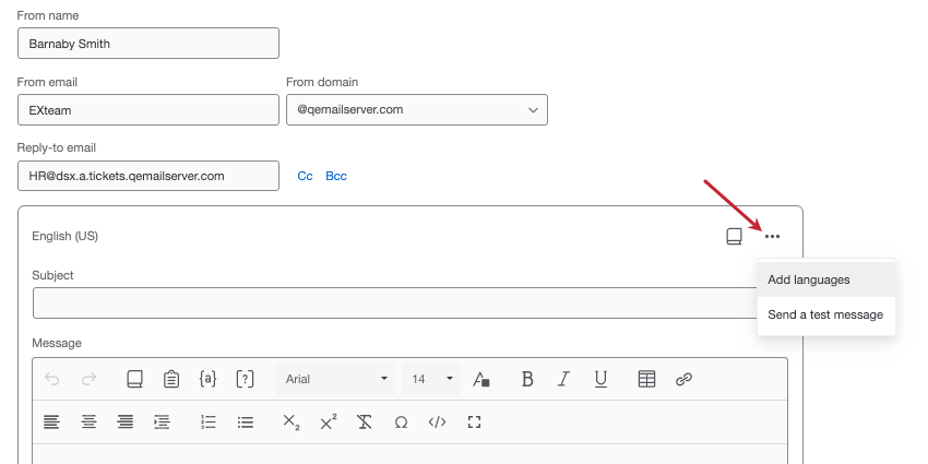 clicar em 3 pontos no canto superior direito do editor de e-mail para revelar as configurações de idioma e teste