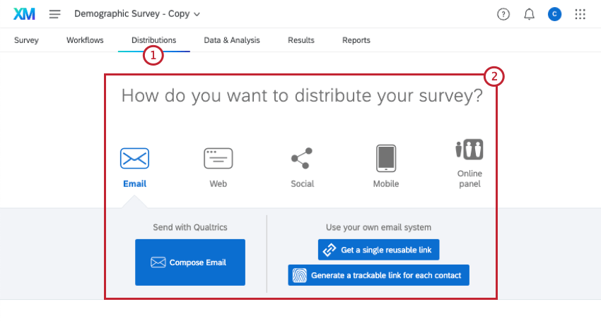 navigating to the distributions tab and selecting a distribution method