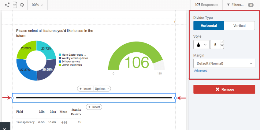 Opções de Divisor no painel de edição à direita