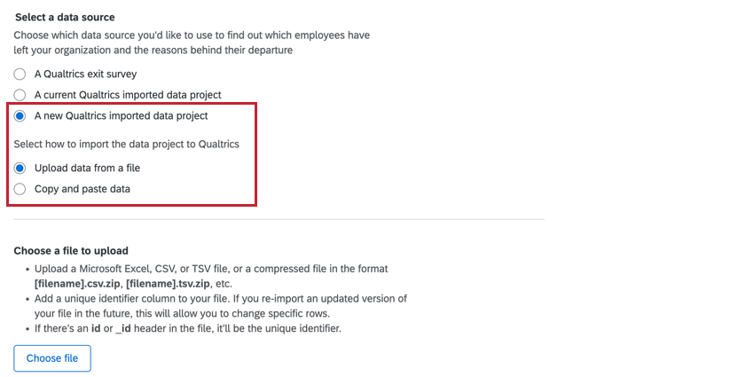 the window to upload a CSV or paste data for a new imported data project
