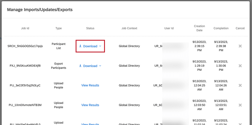 facendo clic sul link di download nella colonna di stato