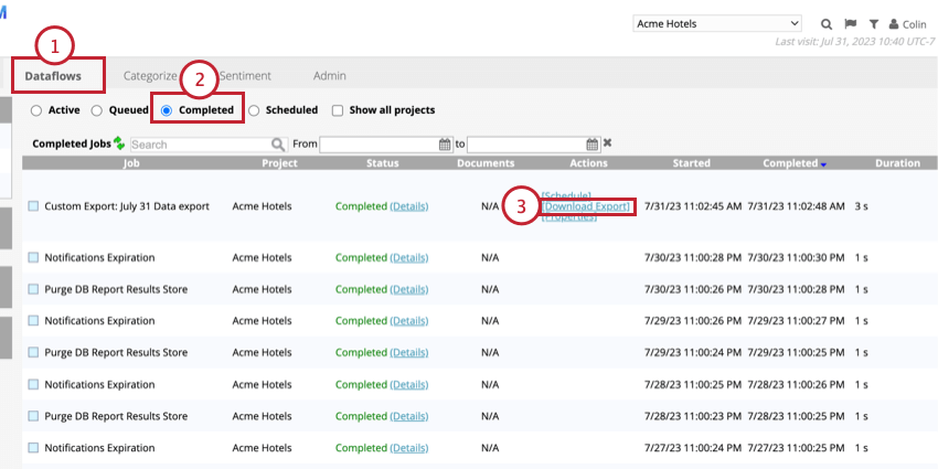 clicking download export in the Completed tab in Dataflows