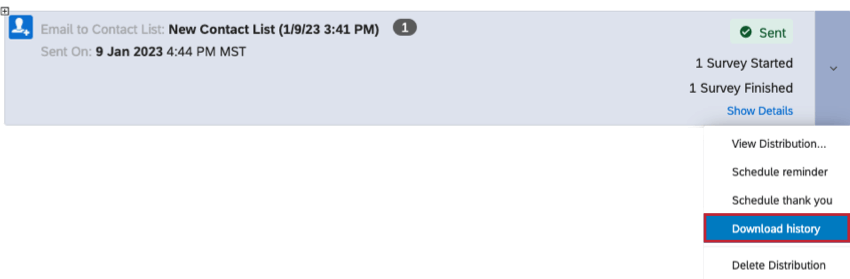 紫色の配信、右矢印、下から2番目の［履歴をダウンロード］オプション
