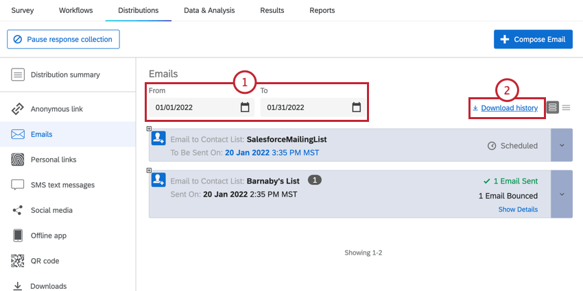 scegliendo un intervallo di date e cliccando su scarica gli storici