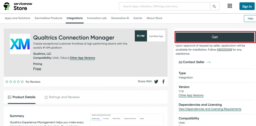 o aplicativo gerente conexões do qualtrics na loja do servicenow