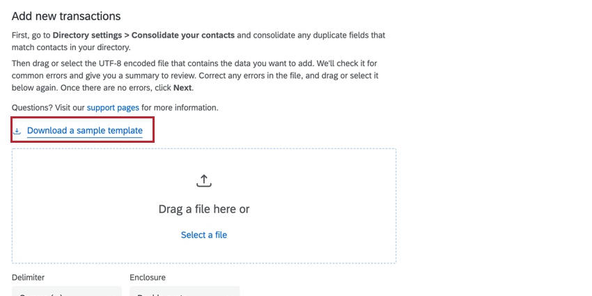 clicking download a sample template when creating transactions