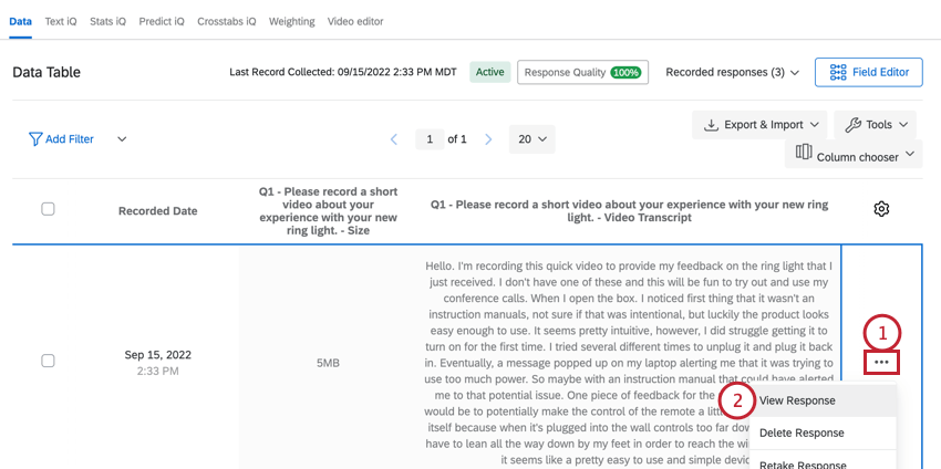 clicking View Response in Data & Analysis