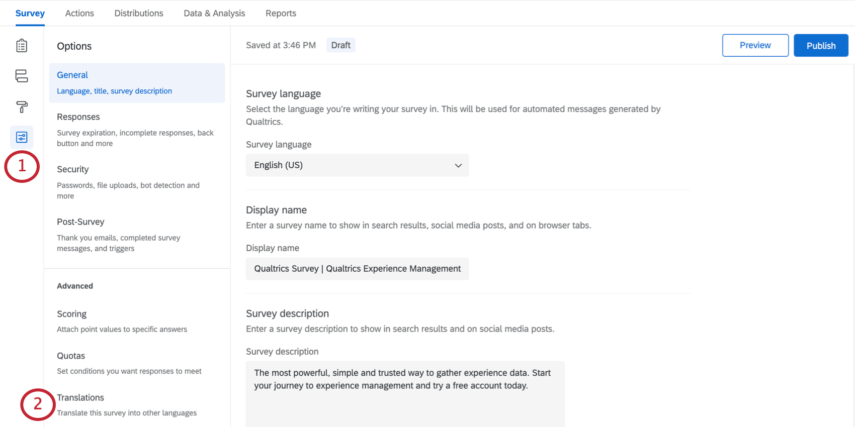 Translations option inside the survey options menu