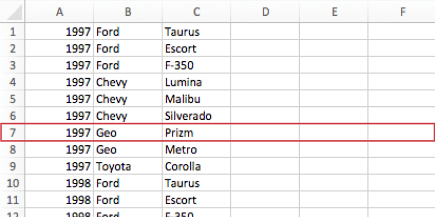 Uma linha do CSV é destacada