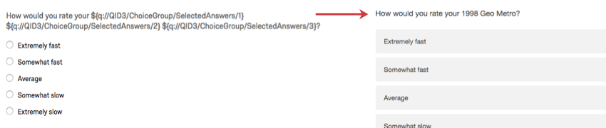 Piped Text in the survey editor compared to the same content in an active survey