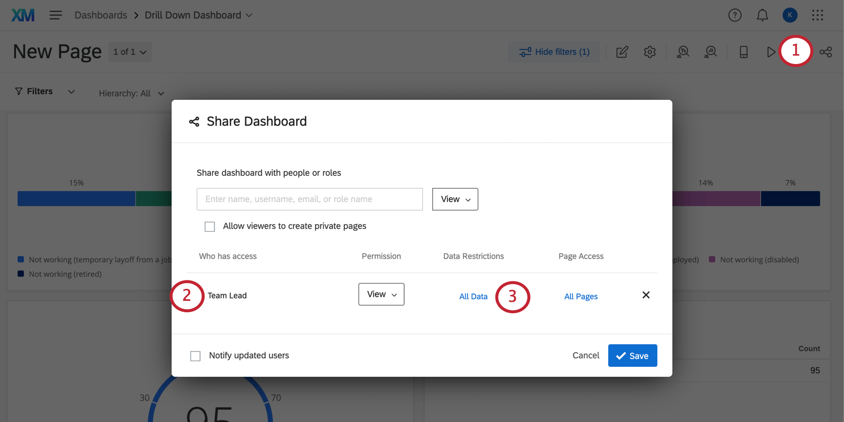 La finestra di condivisione è aperta sul Dashboard