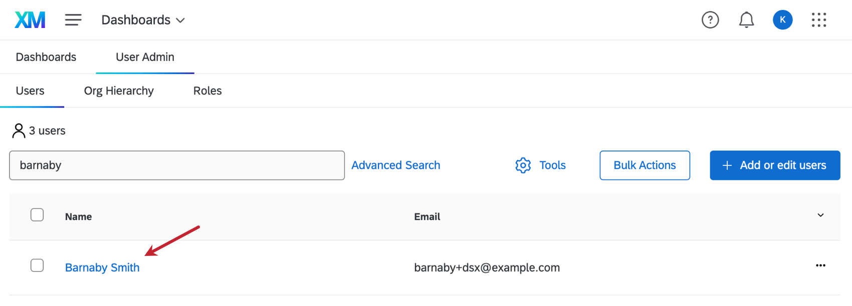 Searching for a user and pointing to their name where you should click