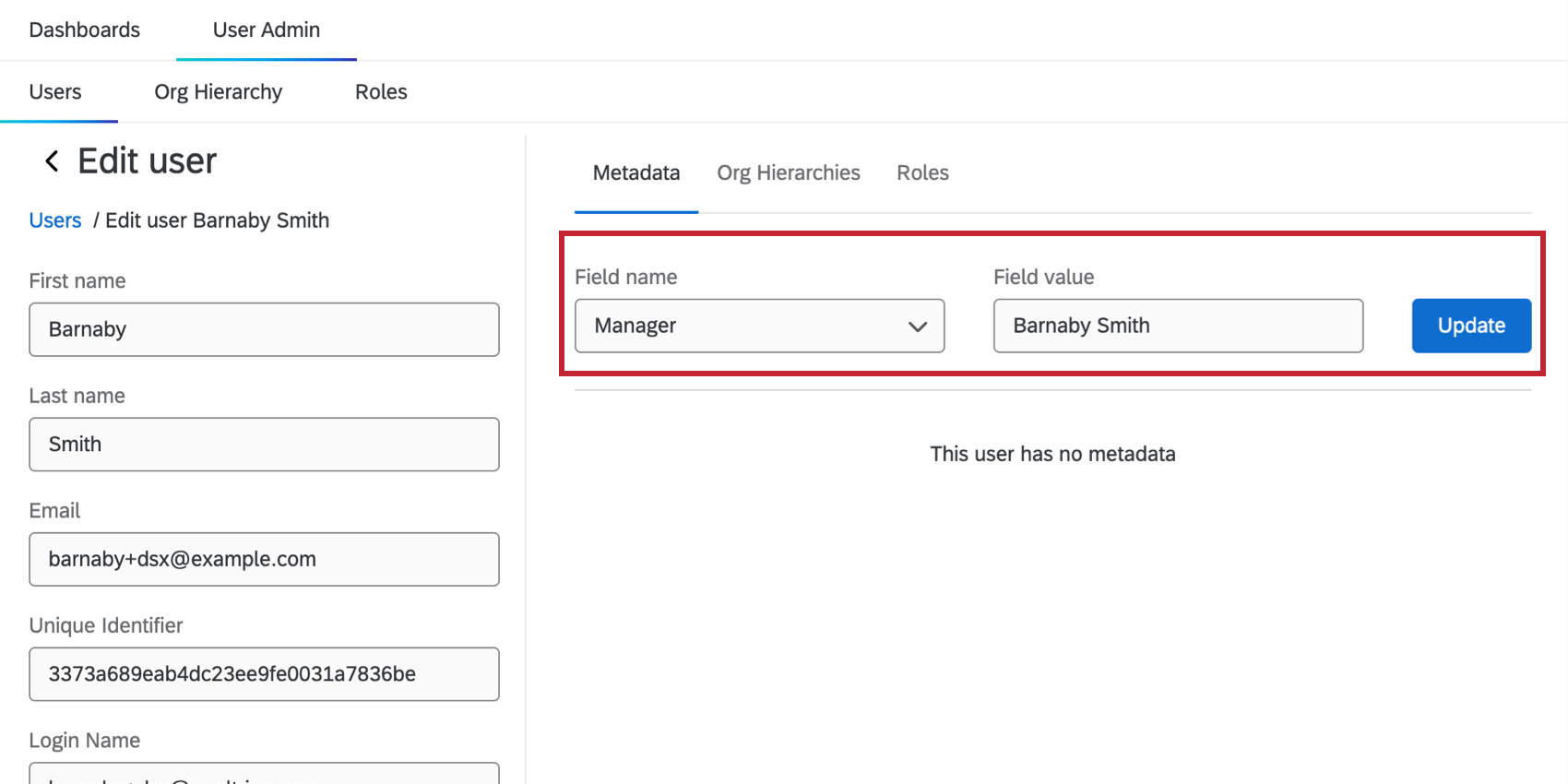 Inside user info window, field for manager with same name entered