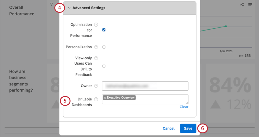 sezione impostazioni avanzate della finestra delle proprietà di Dashboard