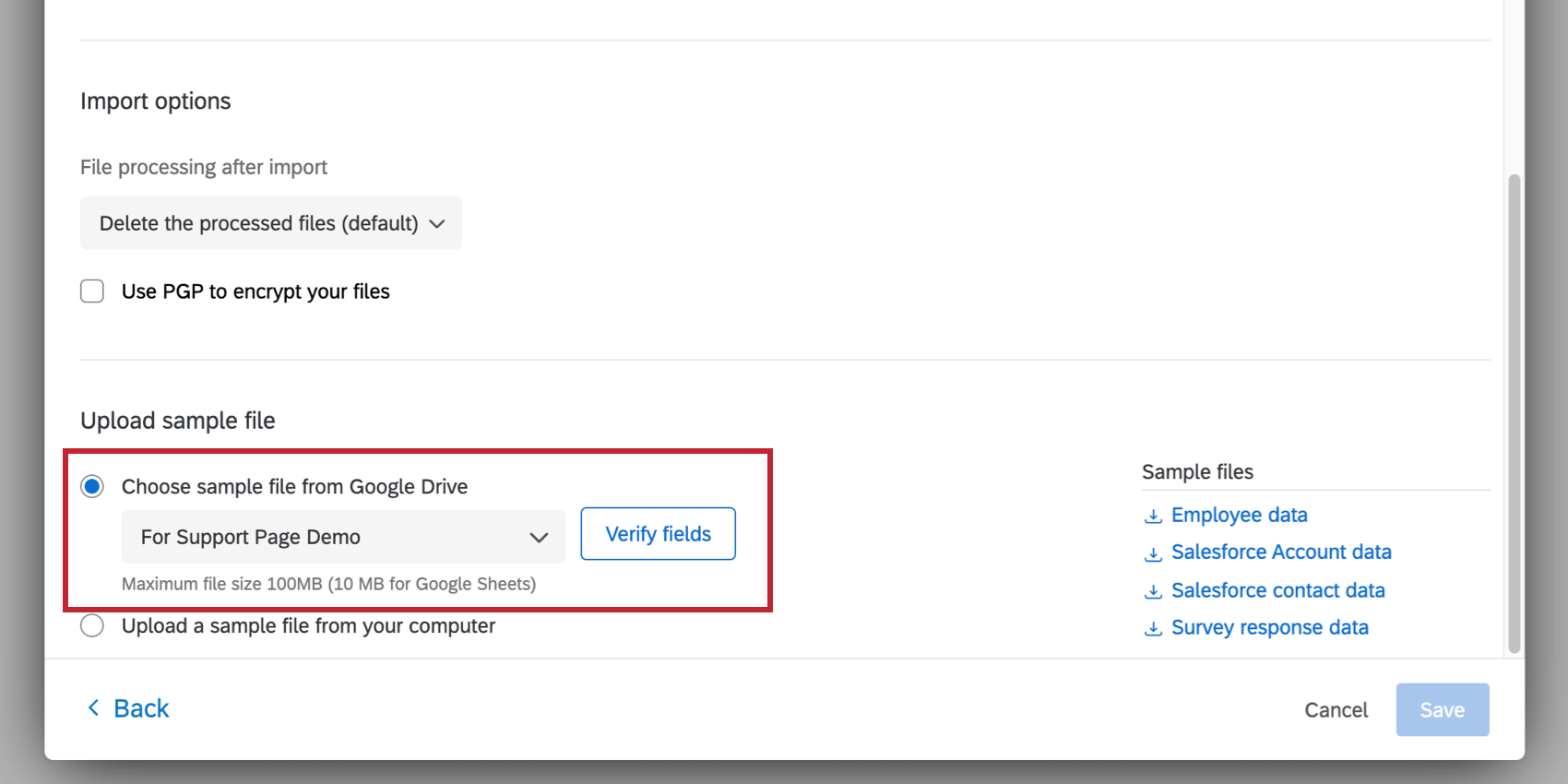 Google Driveからのサンプルファイルの選択