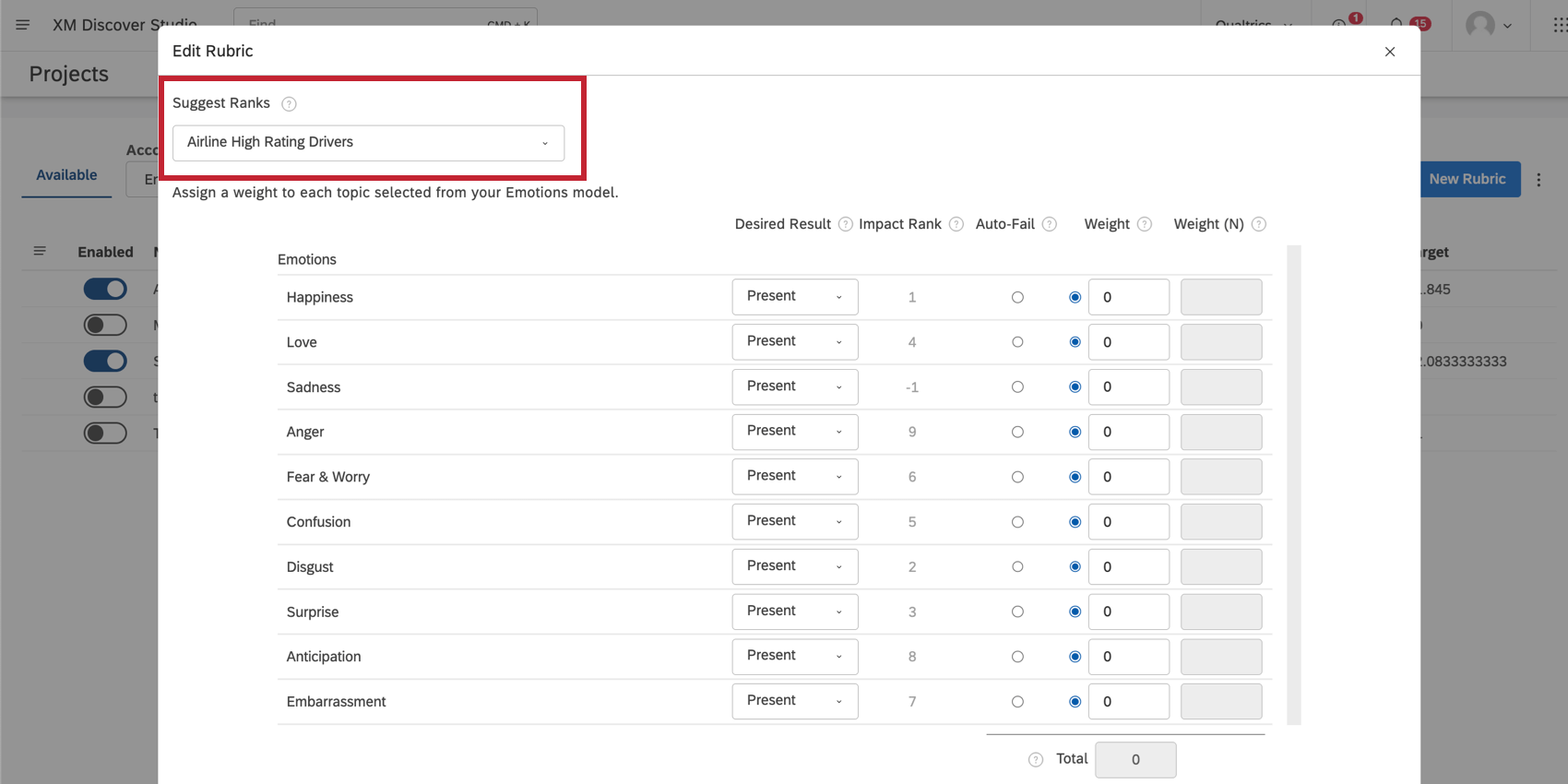 rubric criteria step, but suggest ranks is configured at the top