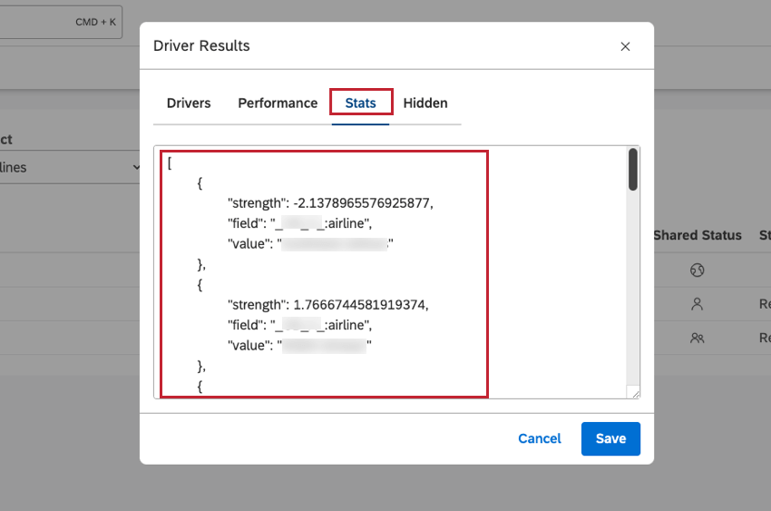 Você pode visualizar resultados do driver no formato JSON na guia Estatísticas da janela Resultados do driver
