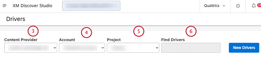 Sélectionnez le fournisseur de contenu, le compte et le projet. Saisissez le nom du pilote dans la zone Rechercher des pilotes pour le trouver