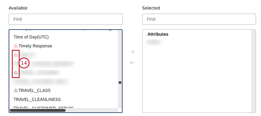 Attributes and topics that have a scarce number of values within the selected scope are marked with a gray warning icon. Attributes and topics that have no values within the selected scope are marked with a red warning icon.