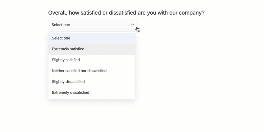 Gif du curseur cliquant sur le menu déroulant intitulé "Dans lensemble, quel est votre degré de satisfaction ou dinsatisfaction à légard de notre entreprise"