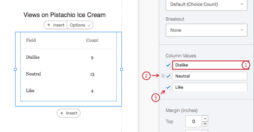 column values on the visualization editing pane