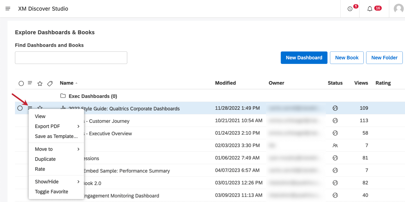 dropdown next to a dashboard. there is no share option