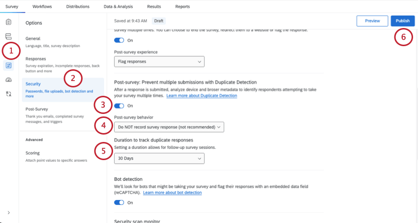 Configuración de detección de duplicar en la sección de seguridad de las opciones de la encuesta