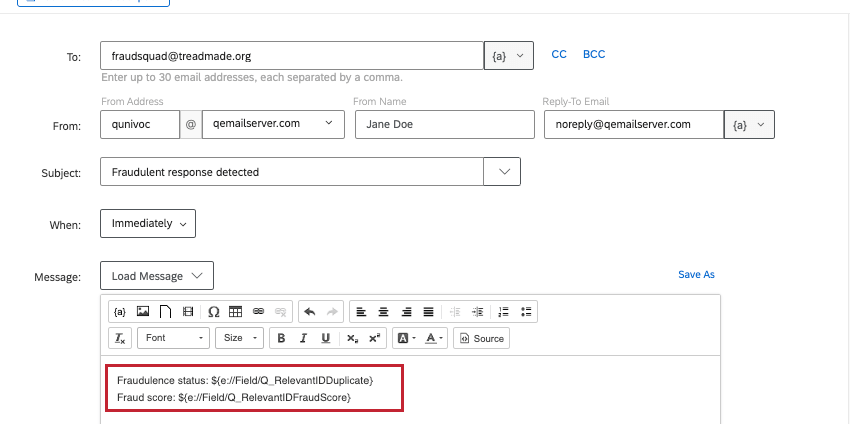 email task with different fields piped in