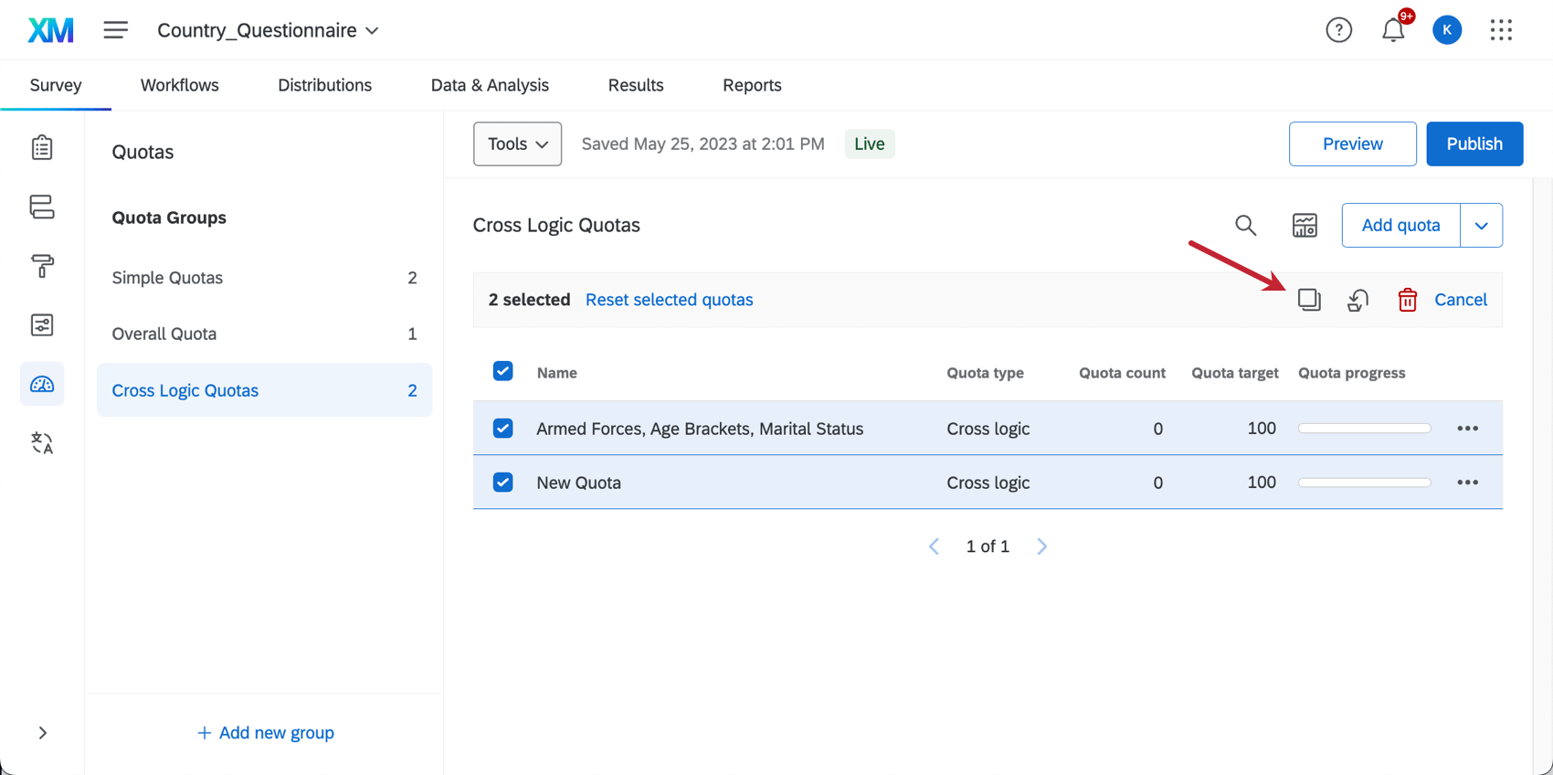 Selezione di più quote; viene visualizzato un banner in alto, con unicona di copia