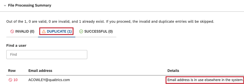 The number of duplicate entries will be in the DUPLICATE tab, and details about each duplicate entry will be listed in the Details column.
