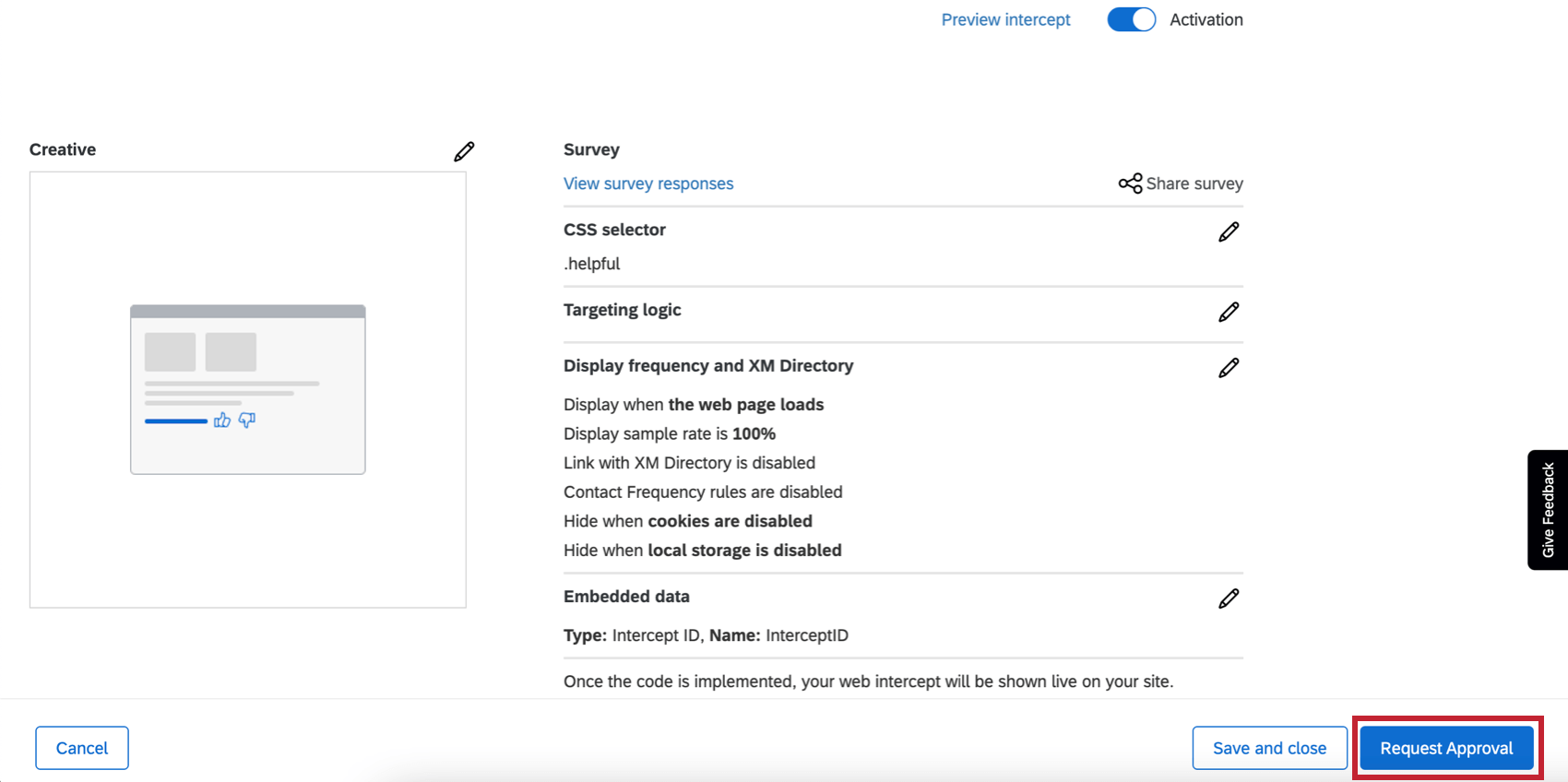 Uma interceptor guiada com o botão de solicitar aprovação no canto inferior direito
