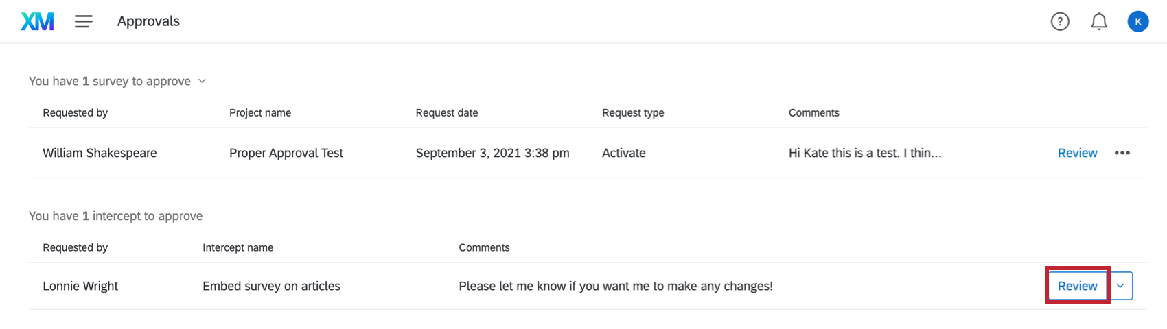 Picture of an intercept awaiting approval; on the right is a Review button with a little dropdown next to it