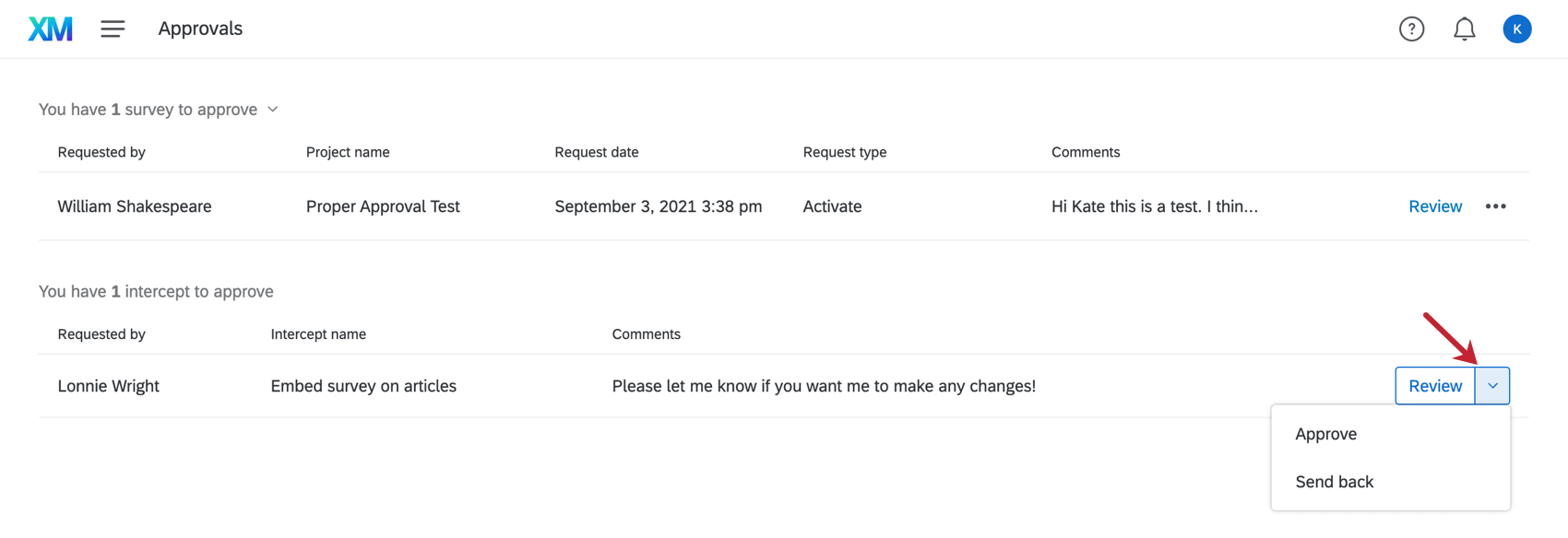 Picture of intercept approval page where the dropdown next to the Review button is expanded