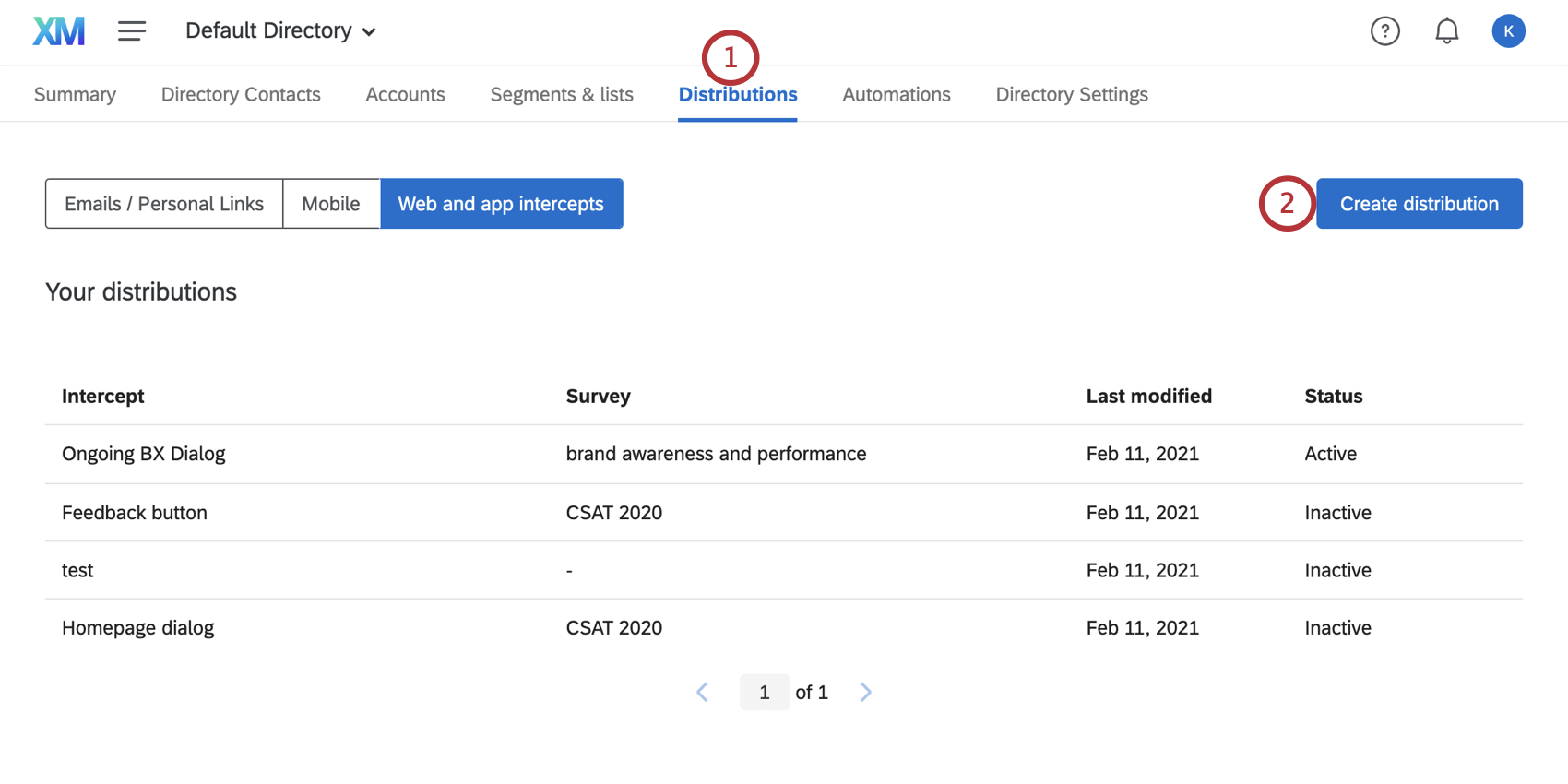 Scheda Distribuzioni della Directory XM. Pulsante Crea distribuzione, in alto a destra