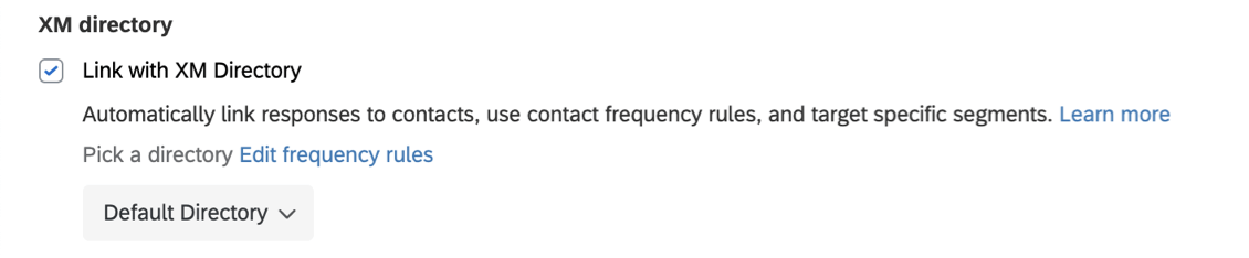 Opções que dizem Diretório XM - link com o Diretório XM e regras frequência de contato