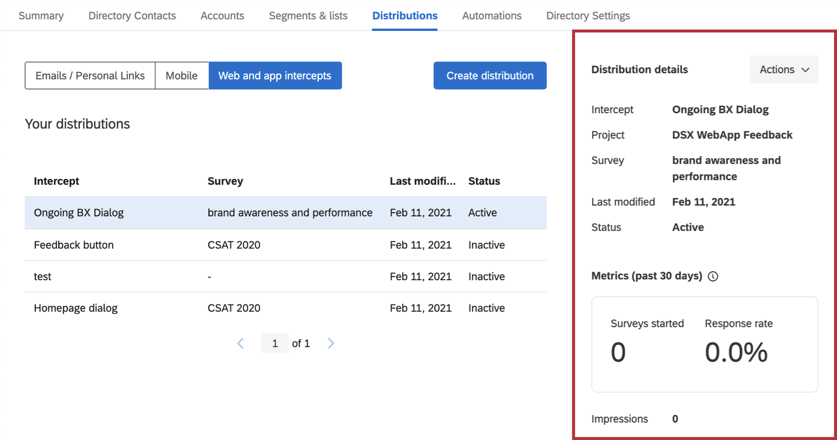 Metrics and actions that open when you select a distribution