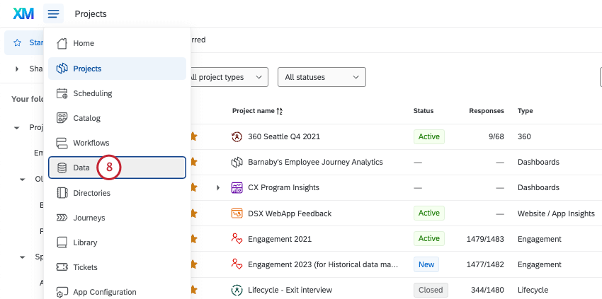 Datenoption in globaler Navigation
