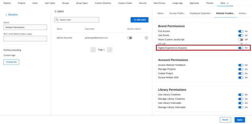 Edição de uma divisão, nas permissões de feedback do site