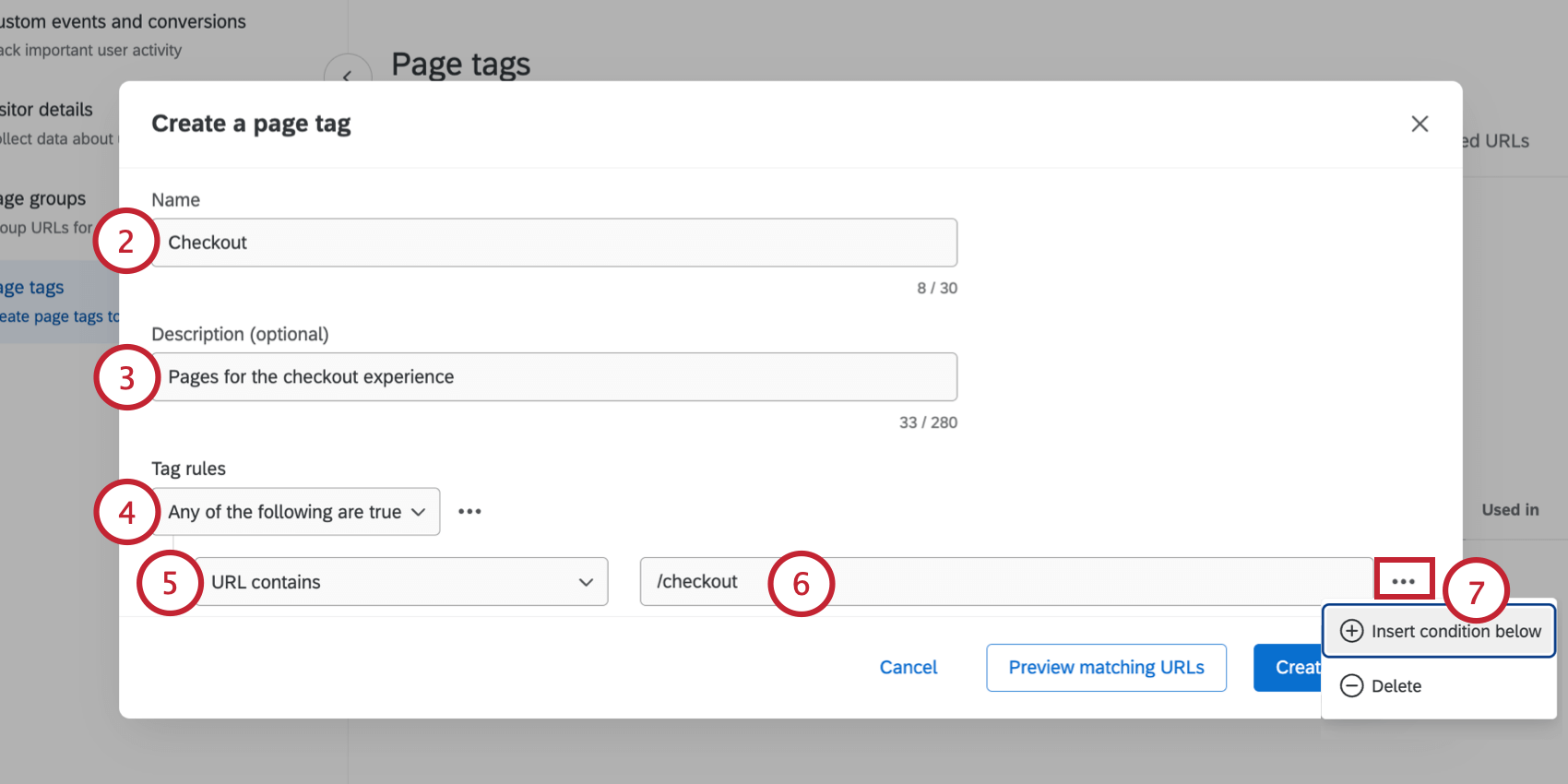 creating the page tag and setting the conditions