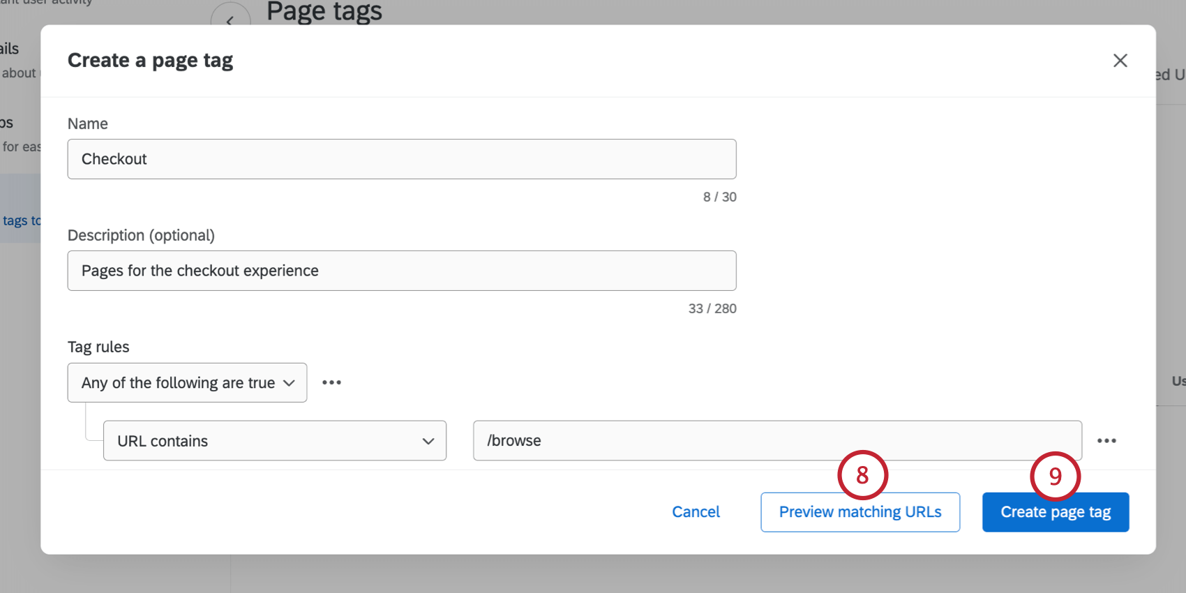previewing matching URLs and saving the tag