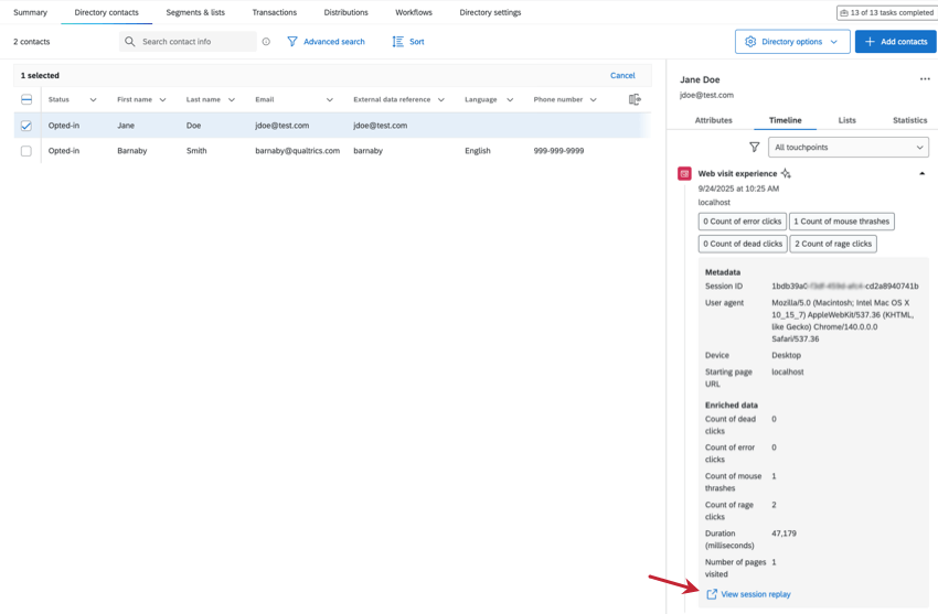 immagine di cotnact selezionata nella directory, con lanalisi dellesperienza digitale espansa nella timeline a destra