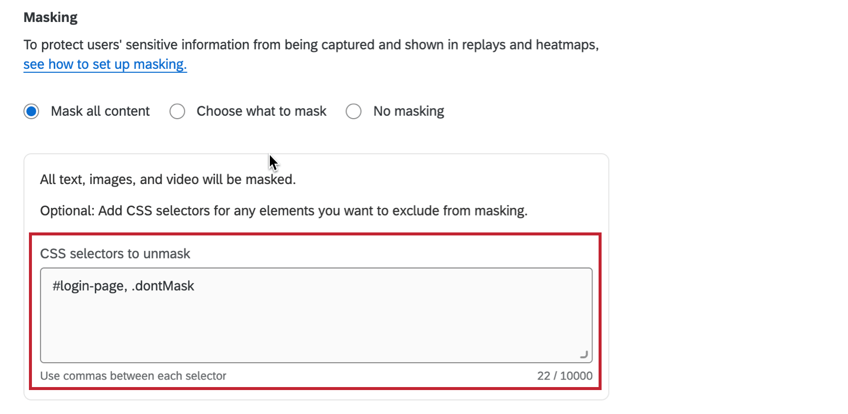the mask all content option with CSS selectors