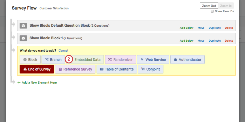 Embedded Data button in Add a New Element Here menu