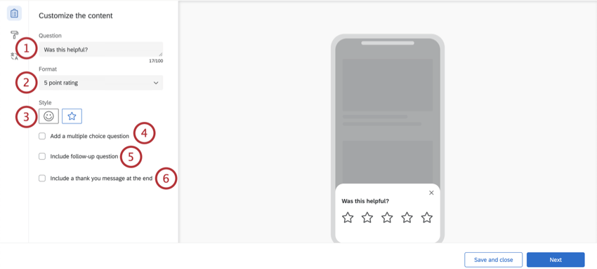 Customization options in the editing pane of the embedded app feedback intercept