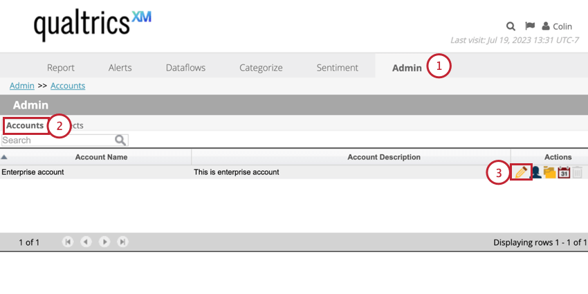 Navigating to the Accounts section of the Admin tab and clicking edit next to an account
