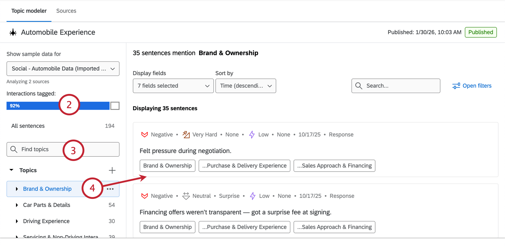 reviewing the sentences that are tagged with each topic