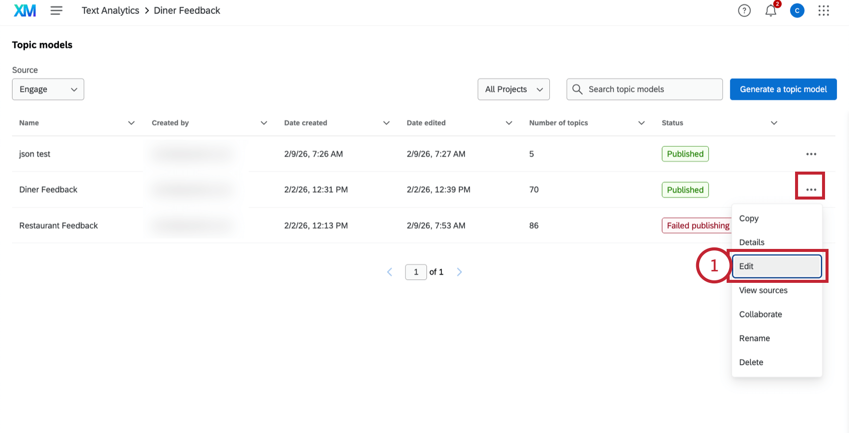 clicking "edit" for a topic model