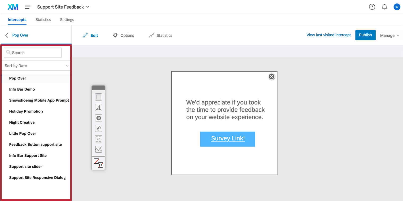 Creative selection menu on the left side of the screen