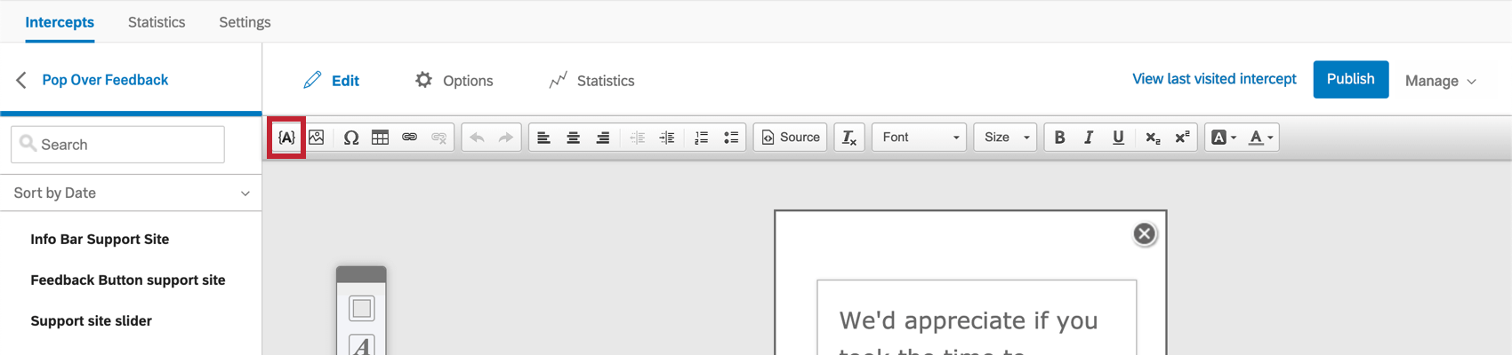 piped text button first in the rich content editor. looks like an uppercase A surrounded by French brackets