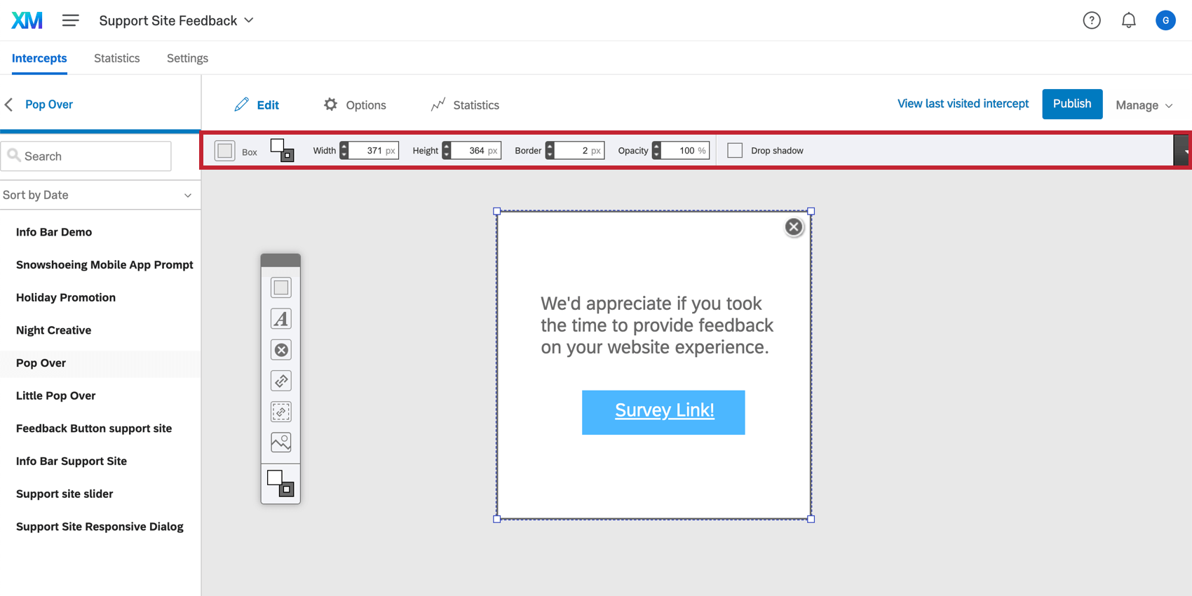 Editing toolbar at the top of the creative editor